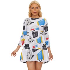 Cinema Icons Pattern Seamless Signs Symbols Collection Icon Long Sleeve Babydoll Dress