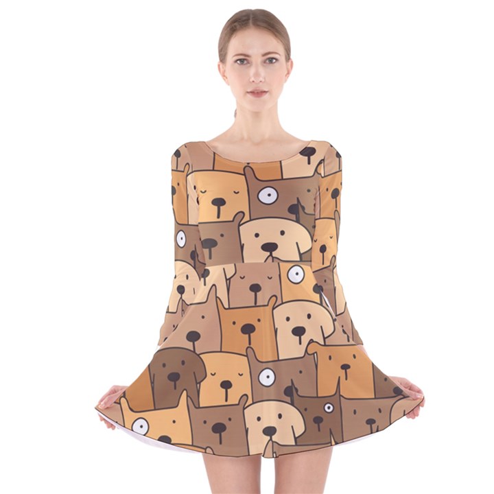 Cute Dog Seamless Pattern Background Long Sleeve Velvet Skater Dress