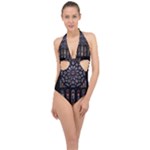 Rosette Cathedral Halter Front Plunge Swimsuit