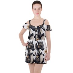 Cute Black Baby Dragon Flowers Painting (7) Ruffle Cut Out Chiffon Playsuit by 1xmerch