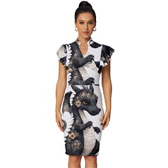 Cute Black Baby Dragon Flowers Painting (7) Vintage Frill Sleeve V-neck Bodycon Dress by 1xmerch