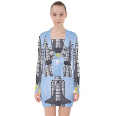 Rocket Shuttle Spaceship Science V-neck Bodycon Long Sleeve Dress by Sarkoni