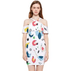 Vector Set Isolates With Cute Birds Scandinavian Style Shoulder Frill Bodycon Summer Dress by Apen