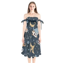Space Theme Art Pattern Design Wallpaper Shoulder Tie Bardot Midi Dress by Proyonanggan