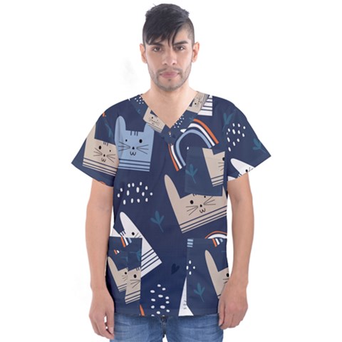 Colorful Cute Cats Seamless Pattern Men s V-neck Scrub Top by Bedest