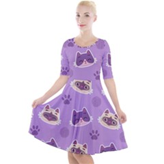 Cute Colorful Cat Kitten With Paw Yarn Ball Seamless Pattern Quarter Sleeve A-line Dress by Bedest