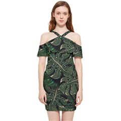 Monstera Plant Tropical Jungle Shoulder Frill Bodycon Summer Dress by Ravend