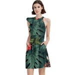 Flowers Monstera Foliage Tropical Cocktail Party Halter Sleeveless Dress With Pockets