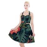 Flowers Monstera Foliage Tropical Halter Party Swing Dress 