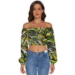 Foliage Pattern Texture Background Long Sleeve Crinkled Weave Crop Top by Ravend
