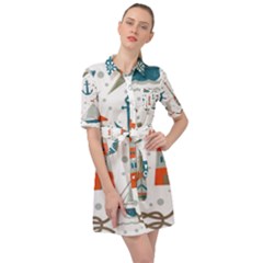 Nautical Elements Pattern Background Belted Shirt Dress by Grandong