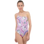 Beautiful Cute Animals Pattern Pink Classic One Shoulder Swimsuit
