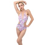 Beautiful Cute Animals Pattern Pink Plunging Cut Out Swimsuit