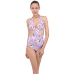 Beautiful Cute Animals Pattern Pink Halter Front Plunge Swimsuit