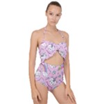 Beautiful Cute Animals Pattern Pink Scallop Top Cut Out Swimsuit