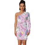 Beautiful Cute Animals Pattern Pink Long Sleeve One Shoulder Mini Dress