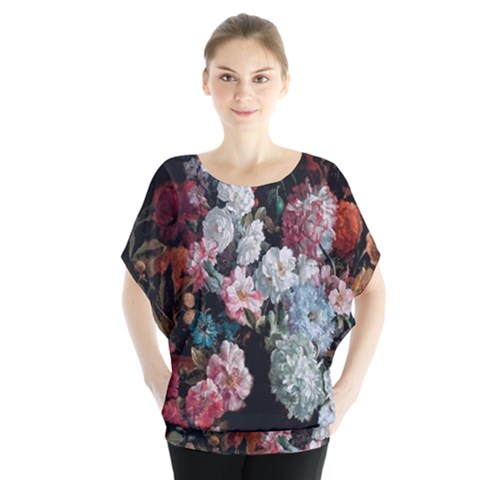 Floral Pattern, Red, Floral Print, E, Dark, Flowers Batwing Chiffon Blouse by nateshop