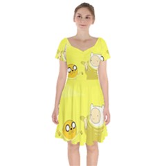 Adventure Time Jake The Dog Finn The Human Artwork Yellow Short Sleeve Bardot Dress by Sarkoni