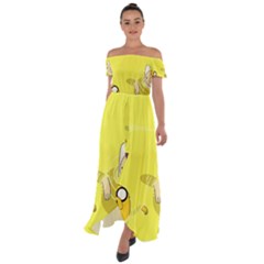 Adventure Time Jake The Dog Finn The Human Artwork Yellow Off Shoulder Open Front Chiffon Dress by Sarkoni