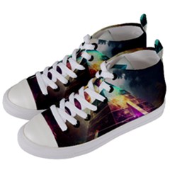 Tropical Forest Jungle Ar Colorful Midjourney Spectrum Trippy Psychedelic Nature Trees Pyramid Women s Mid-top Canvas Sneakers by Sarkoni