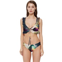Tropical Forest Jungle Ar Colorful Midjourney Spectrum Trippy Psychedelic Nature Trees Pyramid Low Cut Ruffle Edge Bikini Set by Sarkoni