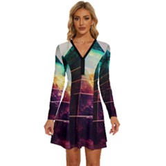 Tropical Forest Jungle Ar Colorful Midjourney Spectrum Trippy Psychedelic Nature Trees Pyramid Long Sleeve Deep V Mini Dress  by Sarkoni