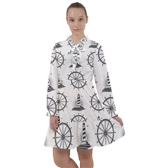 Marine Nautical Seamless Pattern With Vintage Lighthouse Wheel All Frills Chiffon Dress by Bedest