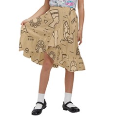Egyptian Seamless Pattern Symbols Landmarks Signs Egypt Kids  Ruffle Flared Wrap Midi Skirt