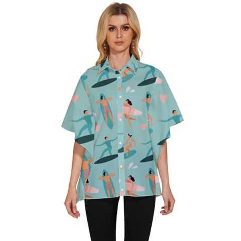 Beach Surfing Surfers With Surfboards Surfer Rides Wave Summer Outdoors Surfboards Seamless Pattern Women s Batwing Button Up Shirt by Bedest