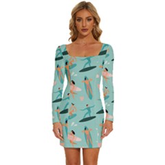 Beach Surfing Surfers With Surfboards Surfer Rides Wave Summer Outdoors Surfboards Seamless Pattern Long Sleeve Square Neck Bodycon Velvet Dress by Bedest