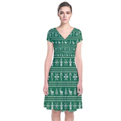 Wallpaper Ugly Sweater Backgrounds Christmas Short Sleeve Front Wrap Dress by artworkshop