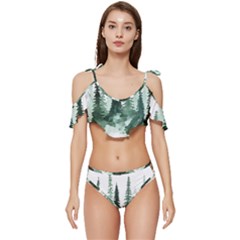Tree Watercolor Painting Pine Forest Ruffle Edge Tie Up Bikini Set	 by Hannah976
