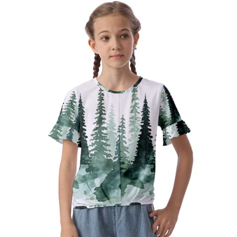 Tree Watercolor Painting Pine Forest Kids  Cuff Sleeve Scrunch Bottom T-shirt by Hannah976