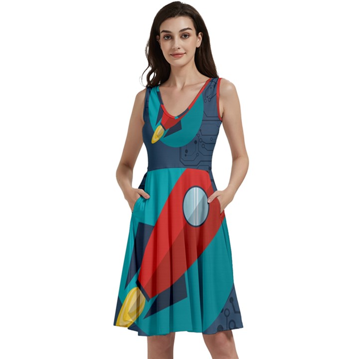 Rocket With Science Related Icons Image Sleeveless V-Neck Skater Dress with Pockets