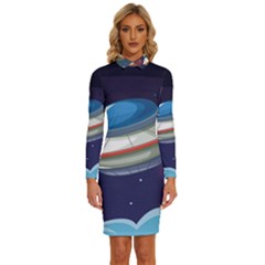 Ufo Alien Spaceship Galaxy Long Sleeve Shirt Collar Bodycon Dress by Bedest