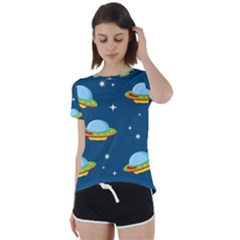Seamless Pattern Ufo With Star Space Galaxy Background Short Sleeve Open Back T-shirt by Bedest
