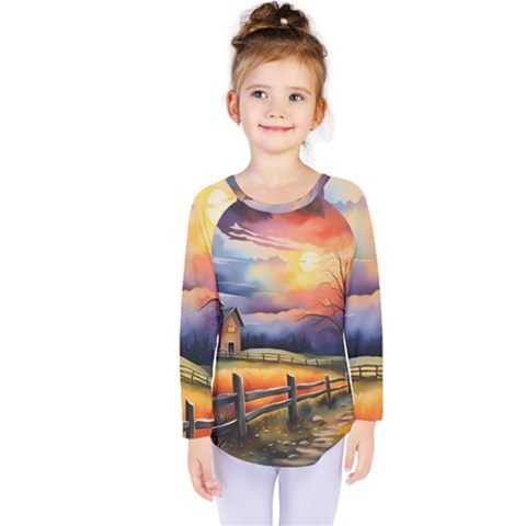 Rural Farm Fence Pathway Sunset Kids  Long Sleeve T-shirt by Bedest