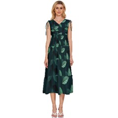 Foliage V-neck Drawstring Shoulder Sleeveless Maxi Dress