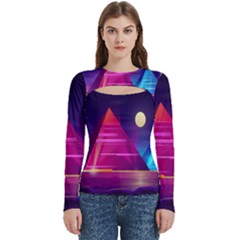 Egyptian Pyramids Night Landscape Cartoon Women s Cut Out Long Sleeve T-shirt by Ndabl3x