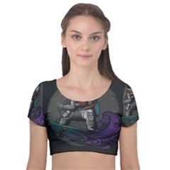 Illustration Astronaut Cosmonaut Paying Skateboard Sport Space With Astronaut Suit Velvet Short Sleeve Crop Top  by Ndabl3x