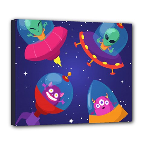 Cartoon Funny Aliens With Ufo Duck Starry Sky Set Deluxe Canvas 24  X 20  (stretched) by Ndabl3x