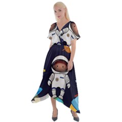 Boy Spaceman Space Rocket Ufo Planets Stars Cross Front Sharkbite Hem Maxi Dress by Ndabl3x
