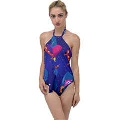 Cartoon Funny Aliens With Ufo Duck Starry Sky Set Go With The Flow One Piece Swimsuit by Ndabl3x