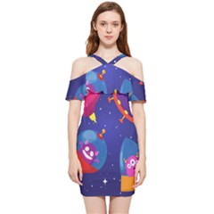 Cartoon Funny Aliens With Ufo Duck Starry Sky Set Shoulder Frill Bodycon Summer Dress by Ndabl3x