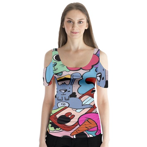 Graffiti Monster Street Theme Butterfly Sleeve Cutout T-shirt  by Bedest