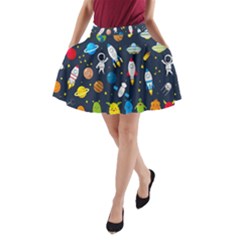 Big Set Cute Astronauts Space Planets Stars Aliens Rockets Ufo Constellations Satellite Moon Rover V A-line Pocket Skirt by Hannah976