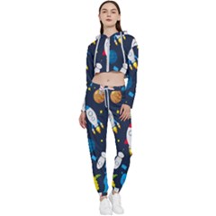 Big Set Cute Astronauts Space Planets Stars Aliens Rockets Ufo Constellations Satellite Moon Rover V Cropped Zip Up Lounge Set by Hannah976