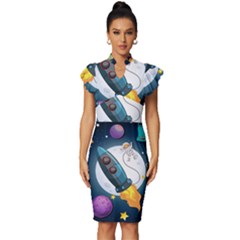 Spaceship Astronaut Space Vintage Frill Sleeve V-neck Bodycon Dress by Hannah976