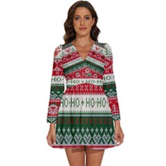 Ugly Sweater Merry Christmas  Long Sleeve V-neck Chiffon Dress  by artworkshop