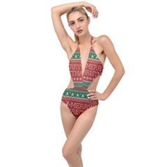 Merry Christmas  Pattern Plunging Cut Out Swimsuit by artworkshop
